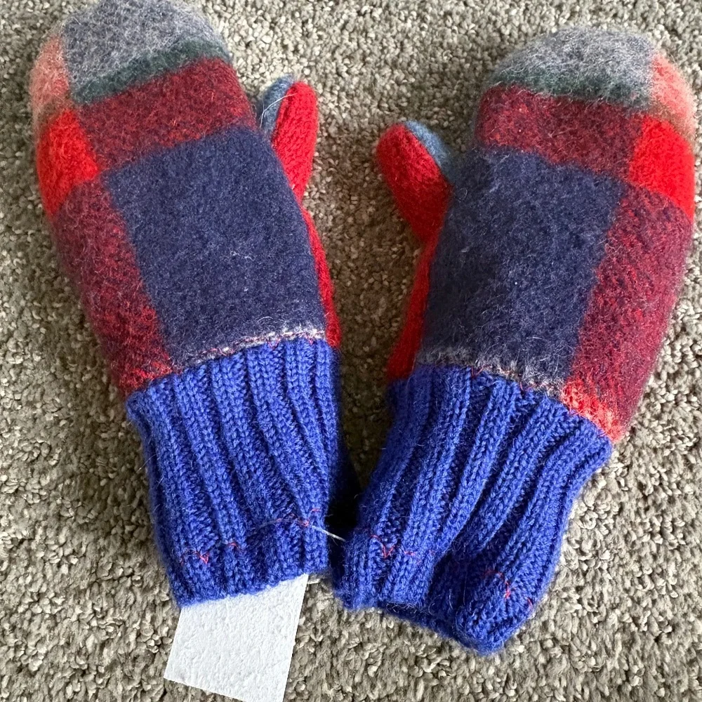 Children’s mittens, wool sweater  outer, fleece inner